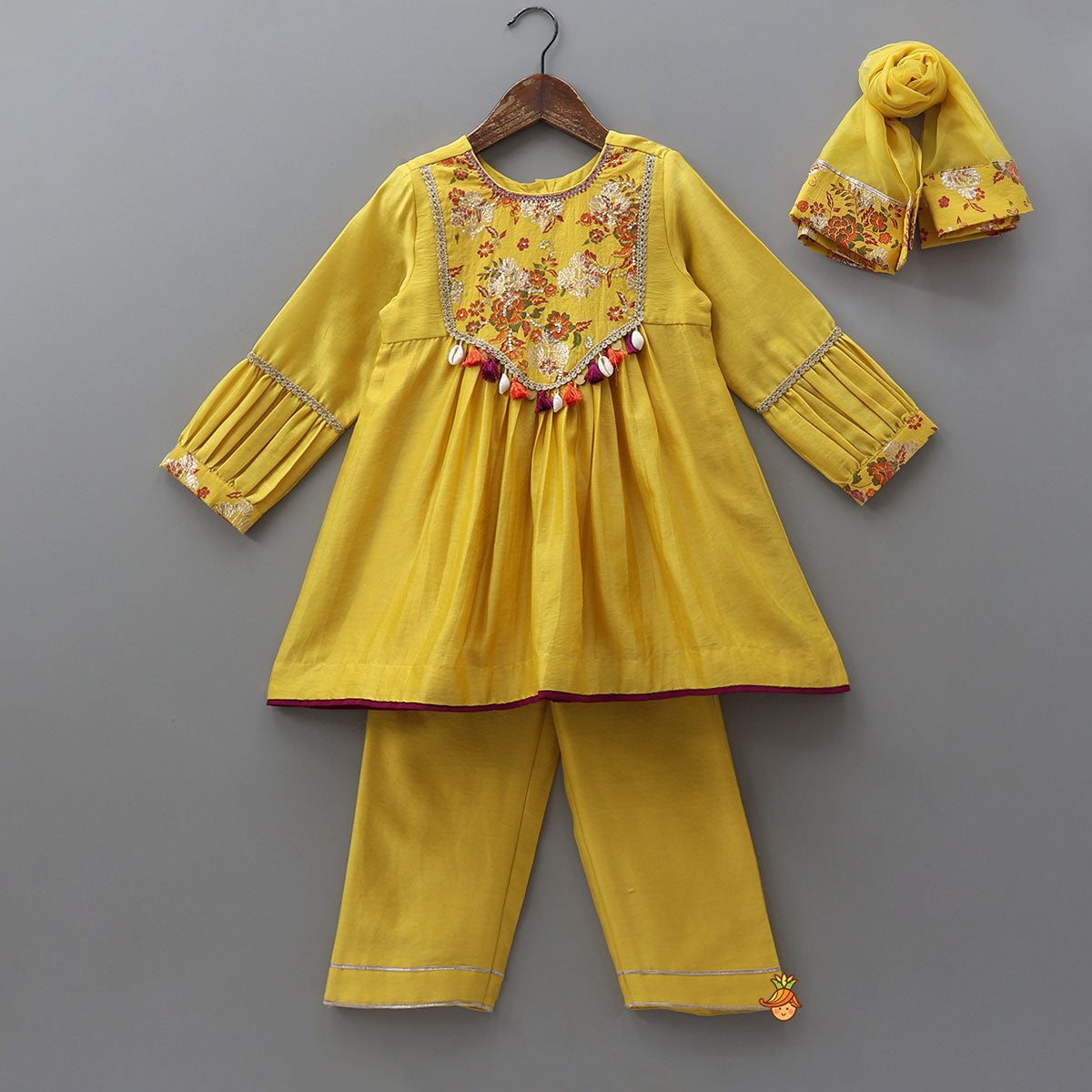 Pre Order: Pleated Sleeve Kurti And Pant With Matching Dupatta
