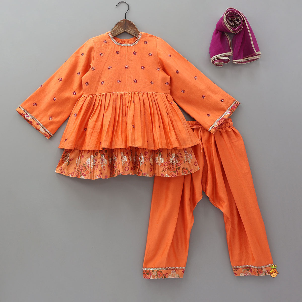 Pre Order: Floral Buti Embroidered Peplum Top With Salwar And Dupatta