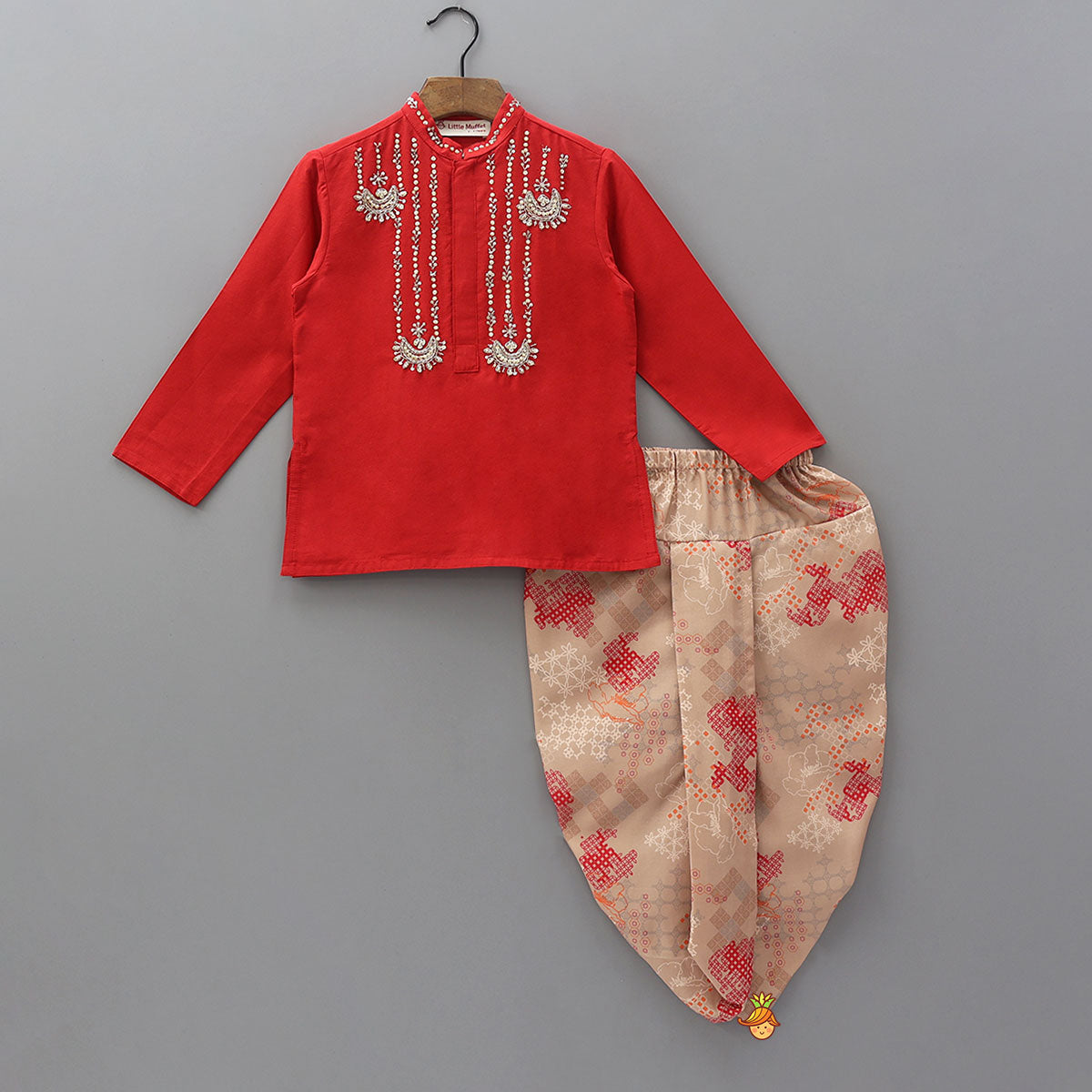 Sequin Embroidered Yoke Short Kurta And Printed Dhoti
