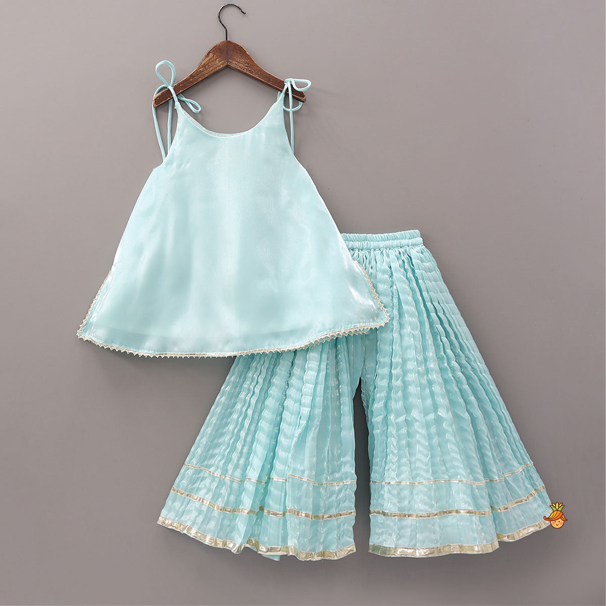 Sleeveless Sheen Elegant Kurti And Crushed Fabric Palazzo With Hair Tie