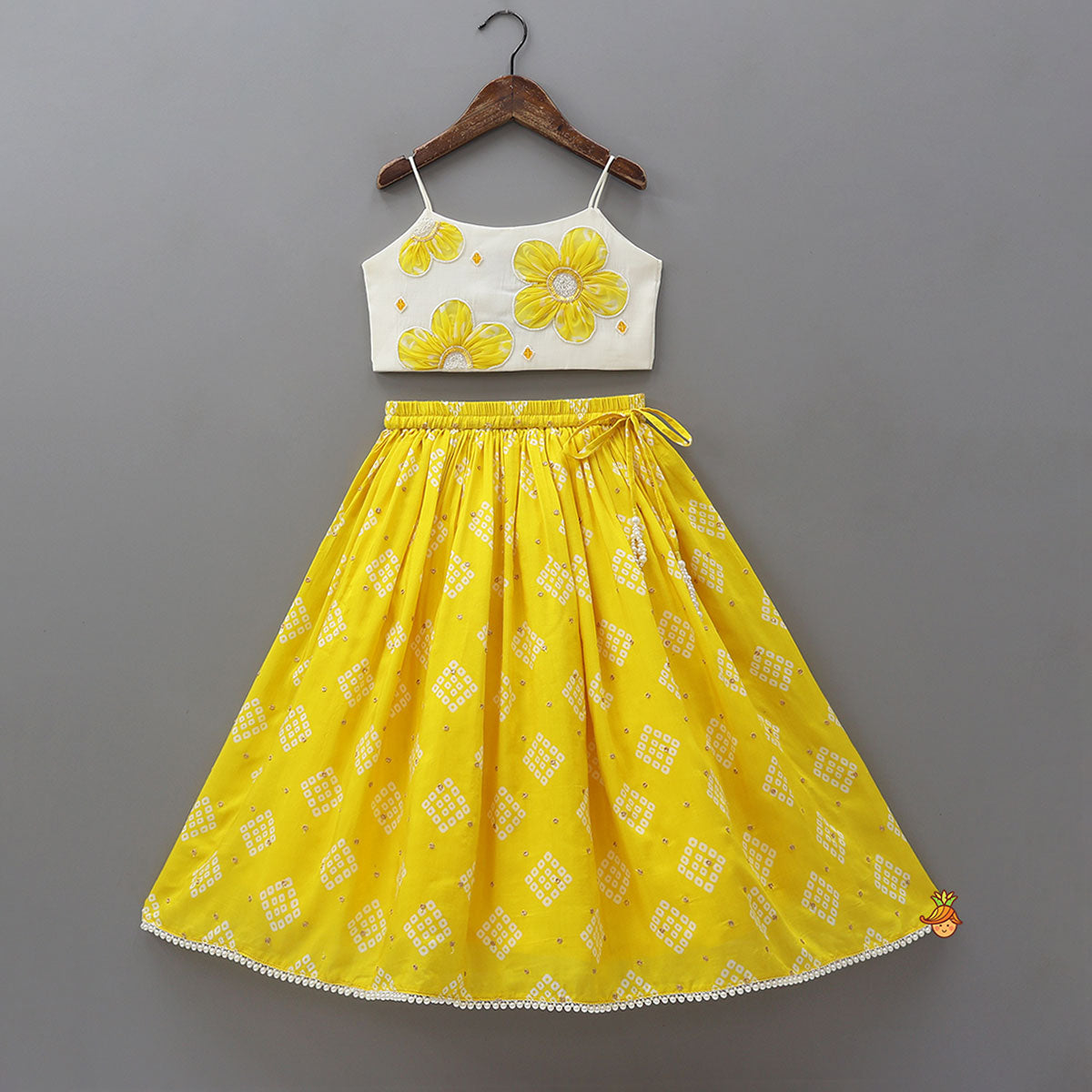 Pre Order: Floral Applique Strappy Top With Bandhani Print Lehenga