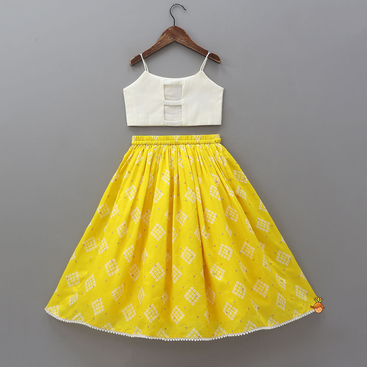 Pre Order: Floral Applique Strappy Top With Bandhani Print Lehenga