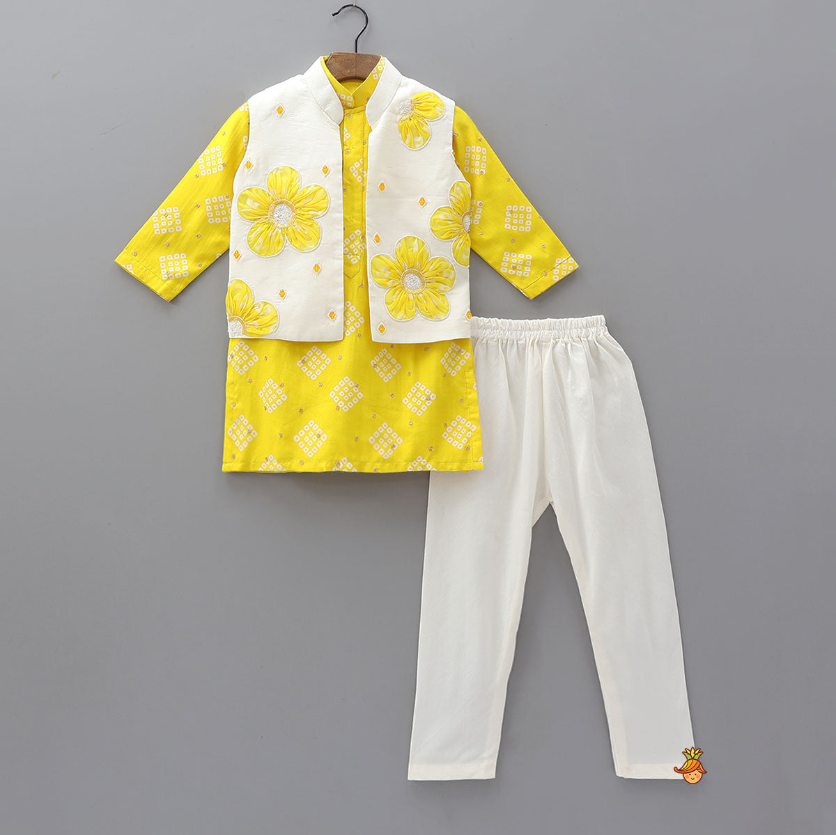 Pre Order: Bandhani Print Kurta With Floral Applique Jacket And Churidar