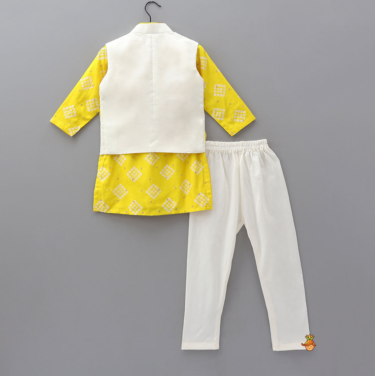 Pre Order: Bandhani Print Kurta With Floral Applique Jacket And Churidar