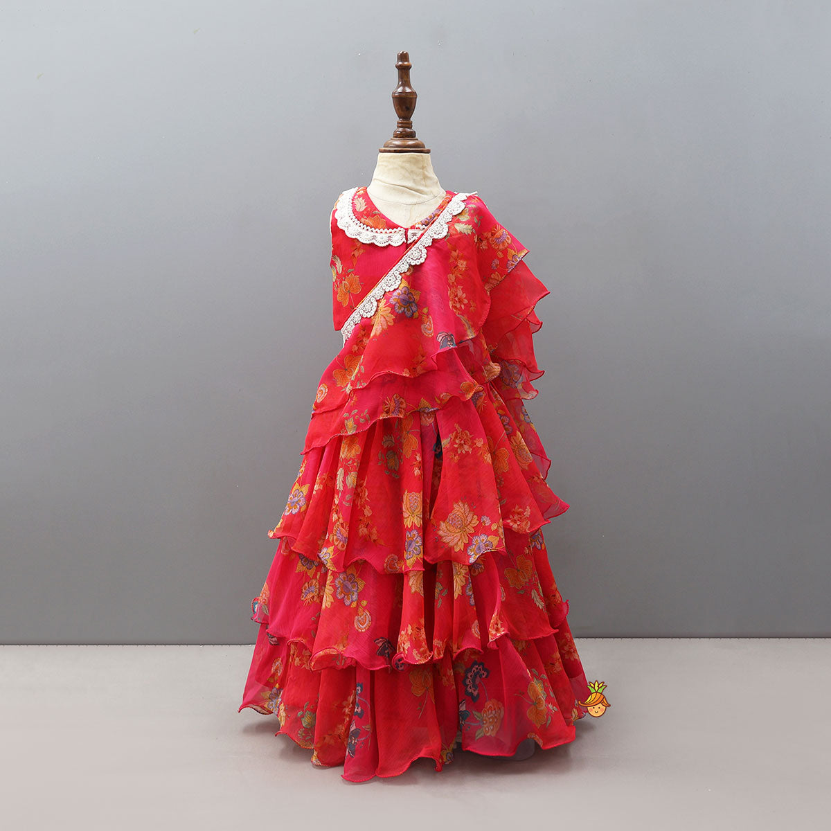 Pre Order: Floral Draped Overlay Top With Lehenga And Waistbelt