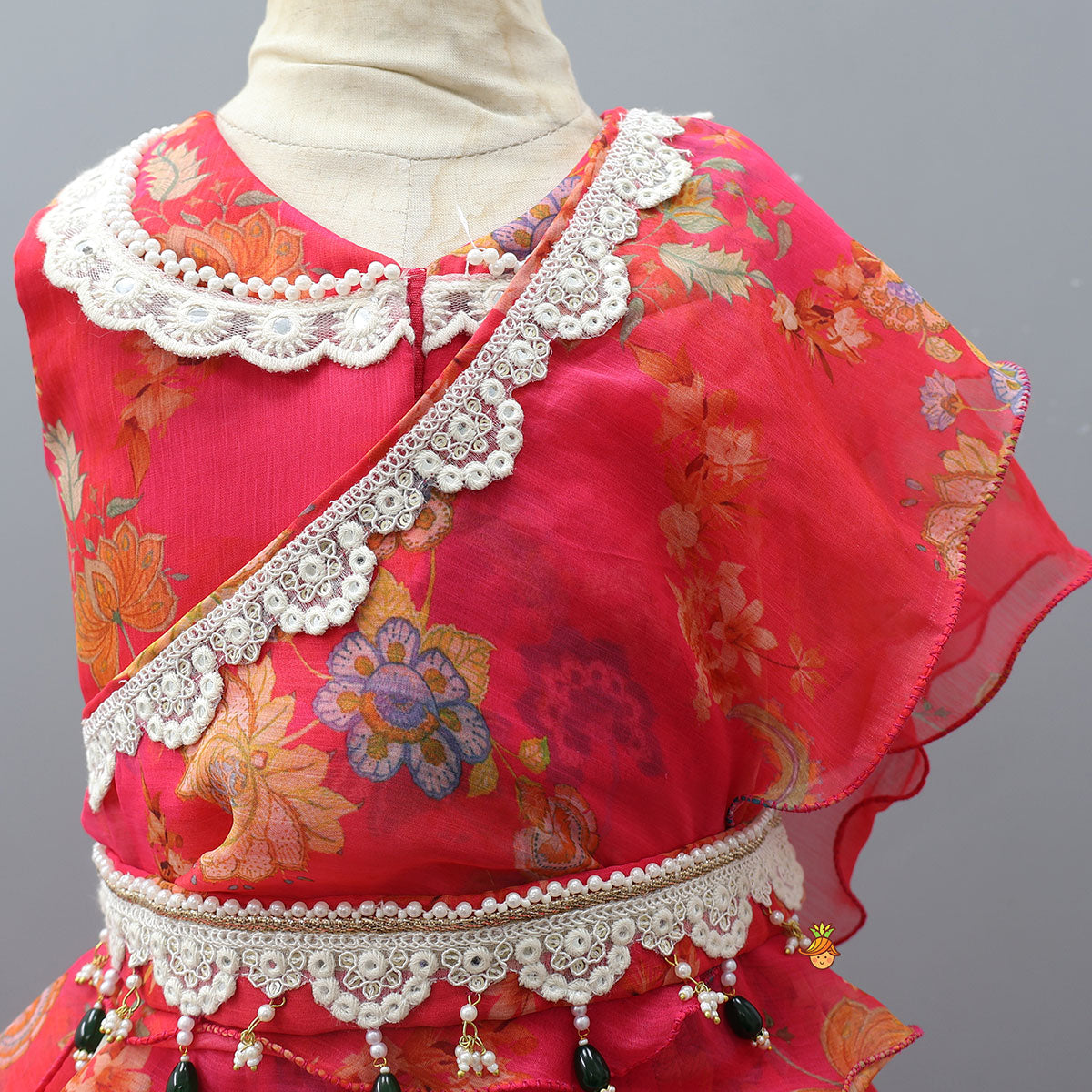 Pre Order: Floral Draped Overlay Top With Lehenga And Waistbelt