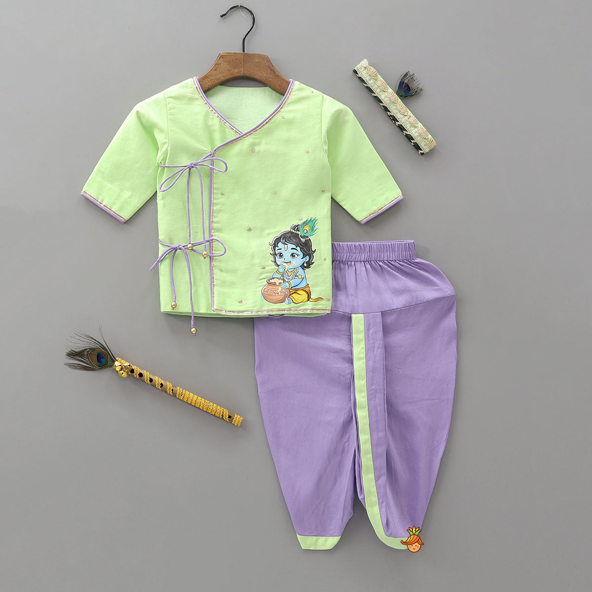 Pre Order: Hand Painted Krishna Motif Kurta And Dhoti With Morpankh Mukut And Basuri