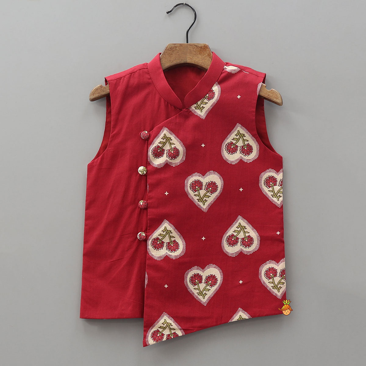 Pre Order: Asymmetric Heart Motif Printed Overlay Kurta With Jacket and Pyjama