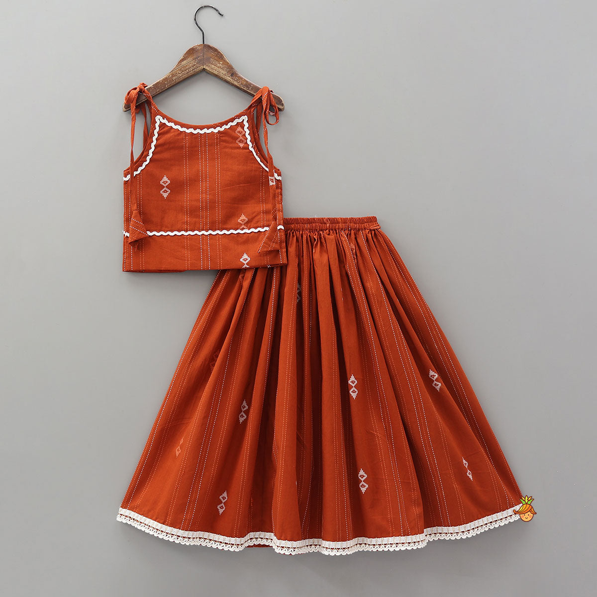 Pre Order: Lace Detailed Tie-Up Printed Crop Top And Lehenga