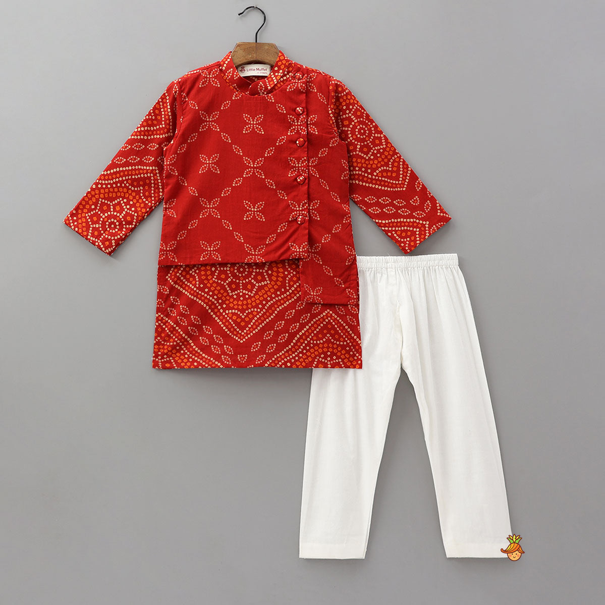 Pre Order: Asymmetric Jacket Style Bandhani Printed Kurta And Pyjama