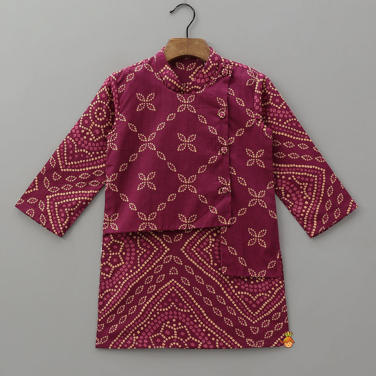 Pre Order: Bandhani Inspired Print Kurta With Attached Asymmetric Jacket And Pyjama