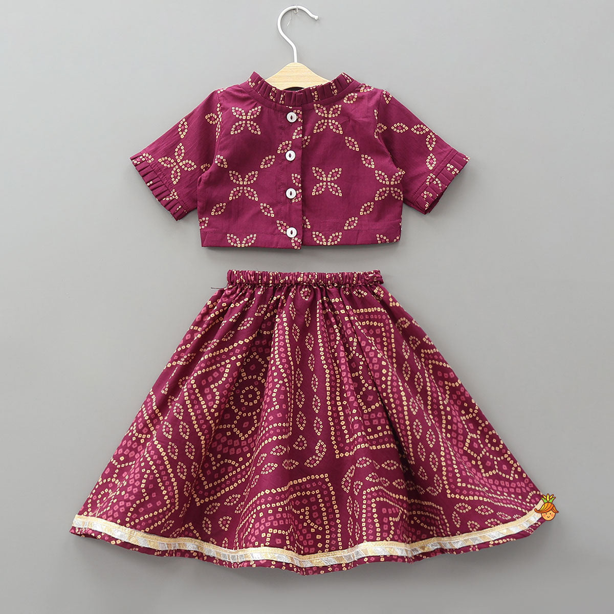 Bandhani Printed Elegant Crop Top And Lehenga With Matching Booties And Head Band
