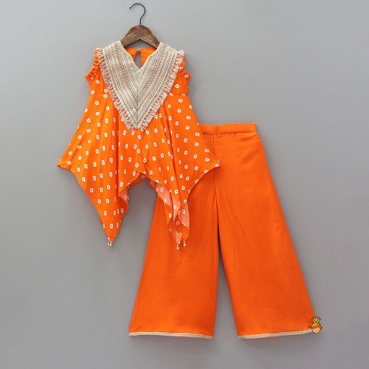 Pre Order: Bandhani Printed Asymmetrical Top And Palazzo