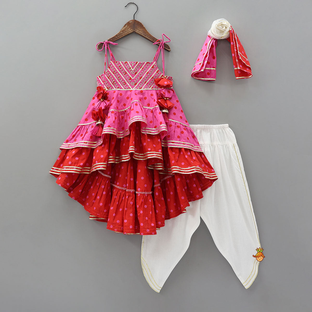 Pre Order: High Low Layered Kurti And Dhoti Style Pant With Dupatta