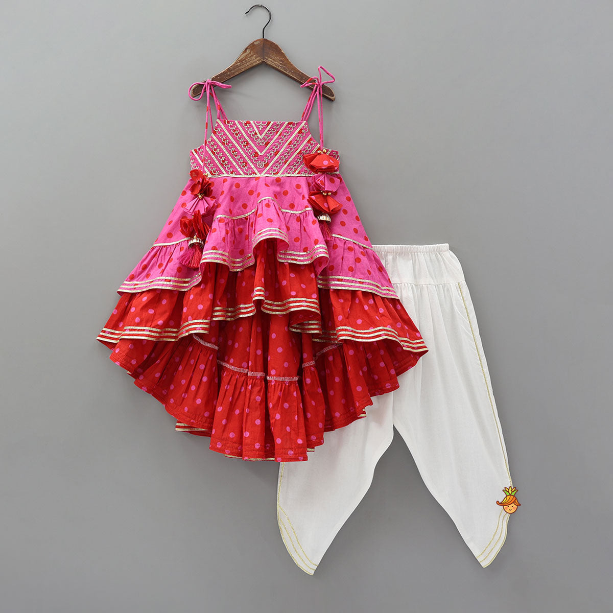 Pre Order: High Low Layered Kurti And Dhoti Style Pant With Dupatta