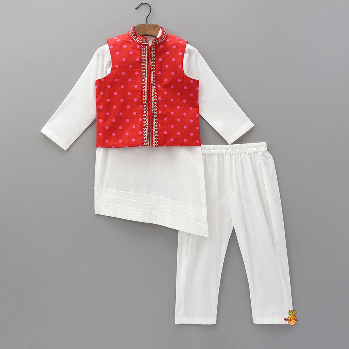 Pre Order: Asymmetric Kurta With Polka Dot Printed Jacket And Pyjama