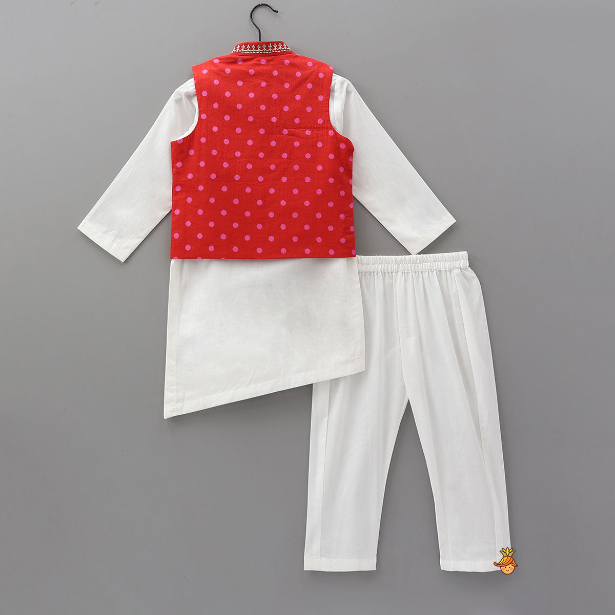 Pre Order: Asymmetric Kurta With Polka Dot Printed Jacket And Pyjama