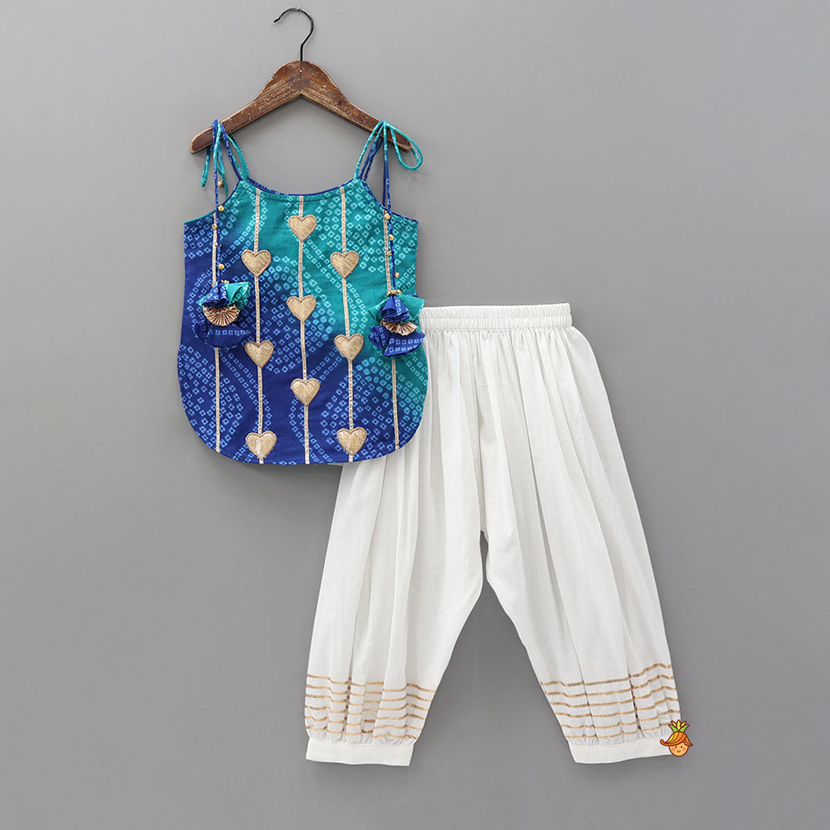 Pre Order: Dual Tone Bandhani Printed Top And Salwar Style Pant With Dupatta
