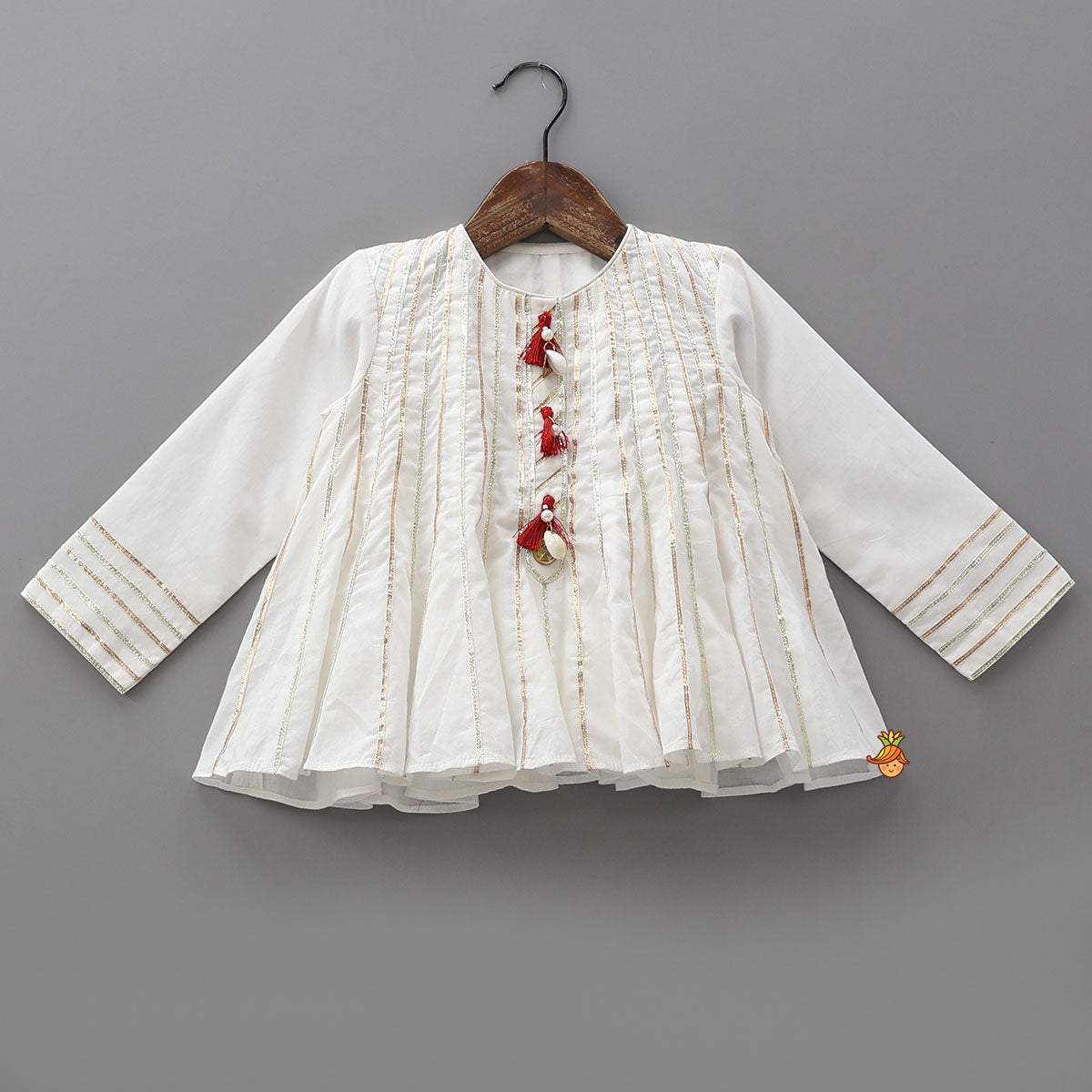 Pre Order: Gota Lace Detailed Flared Kurti With Printed Dhoti And Matching Potli Bag