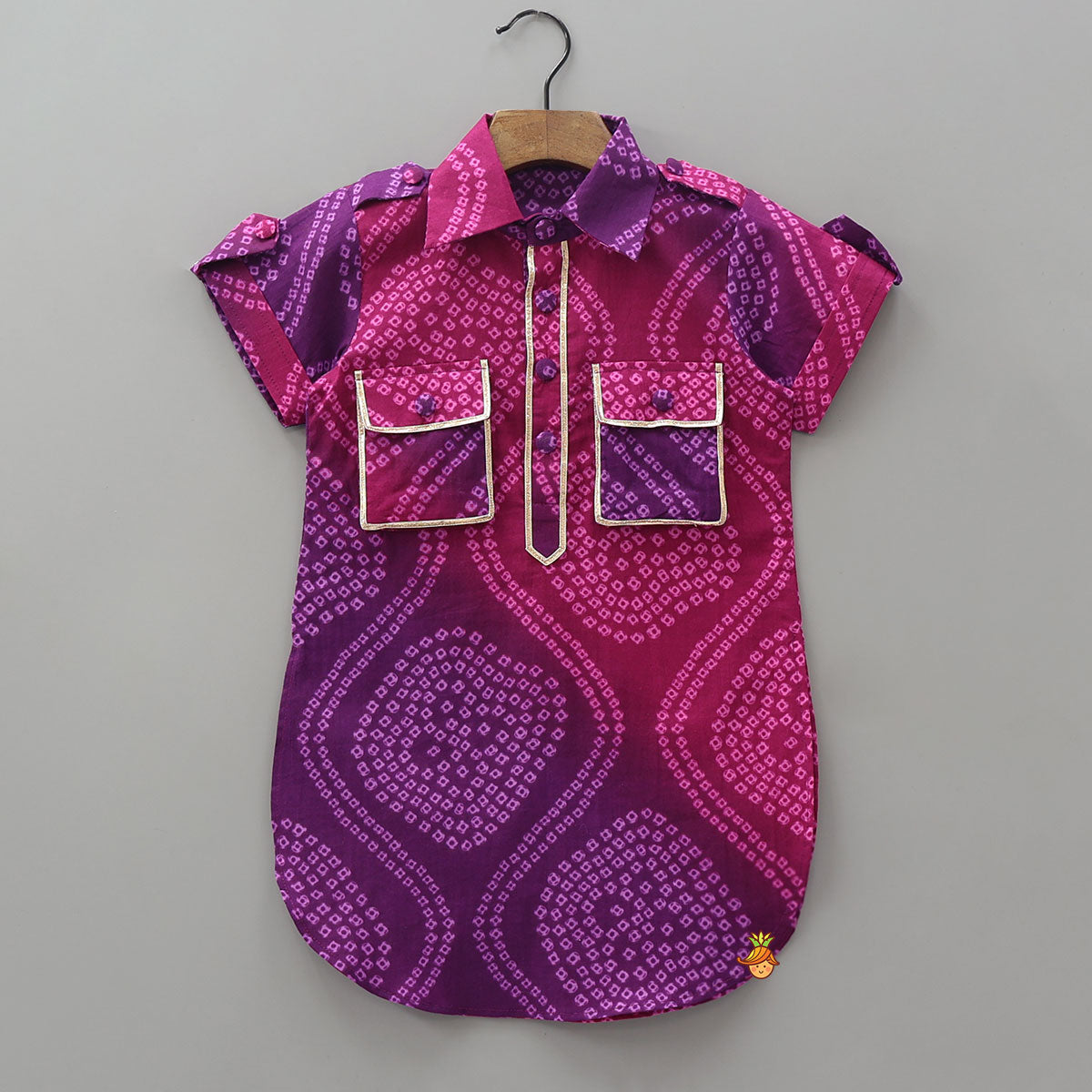 Pre Order: Collar Neck Bandhani Printed Elegant Kurta And Patiala