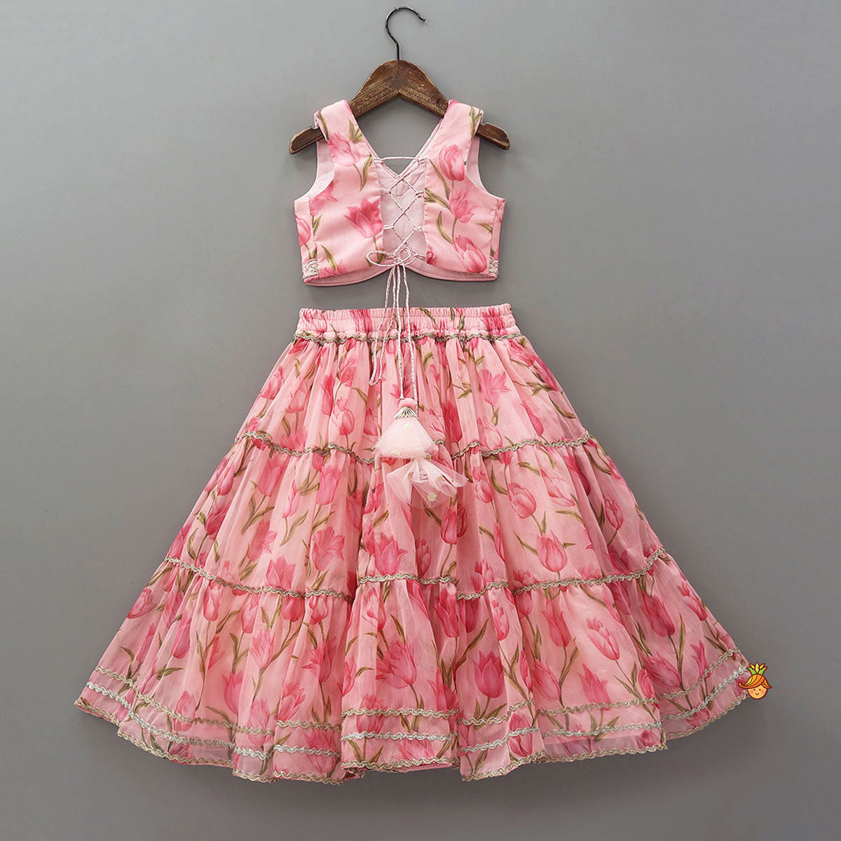 Pre Order: Floral Printed Crop Top And Lehenga With Matching Dupatta