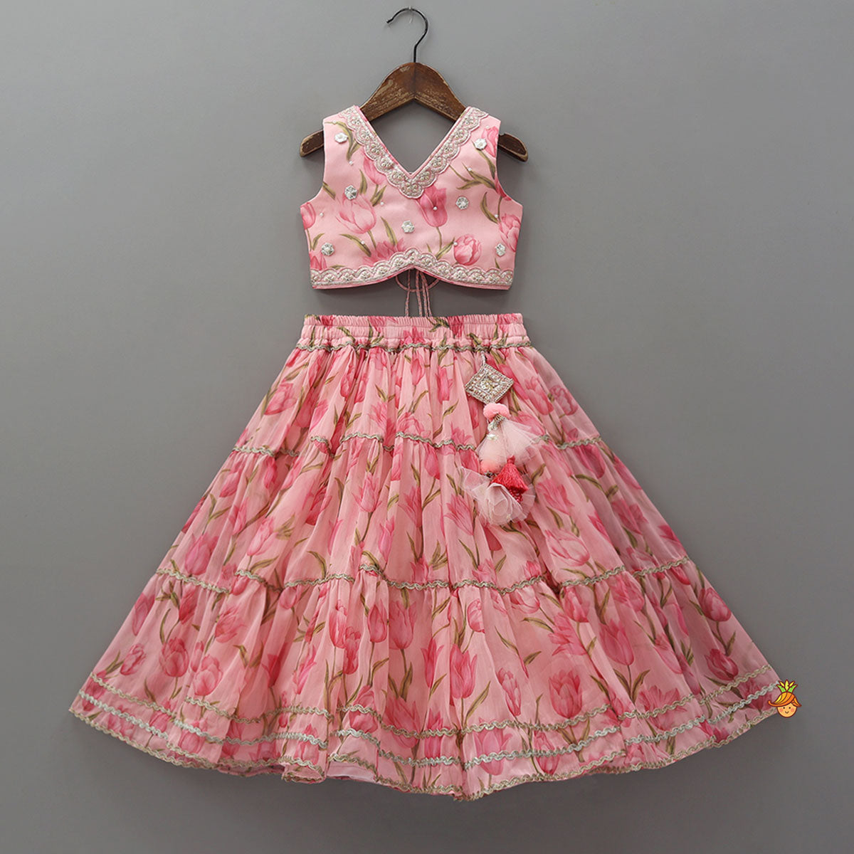 Pre Order: Floral Printed Crop Top And Lehenga With Matching Dupatta