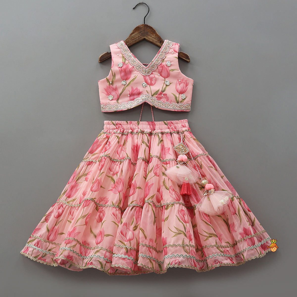 Pre Order: Floral Printed Crop Top And Lehenga With Matching Dupatta