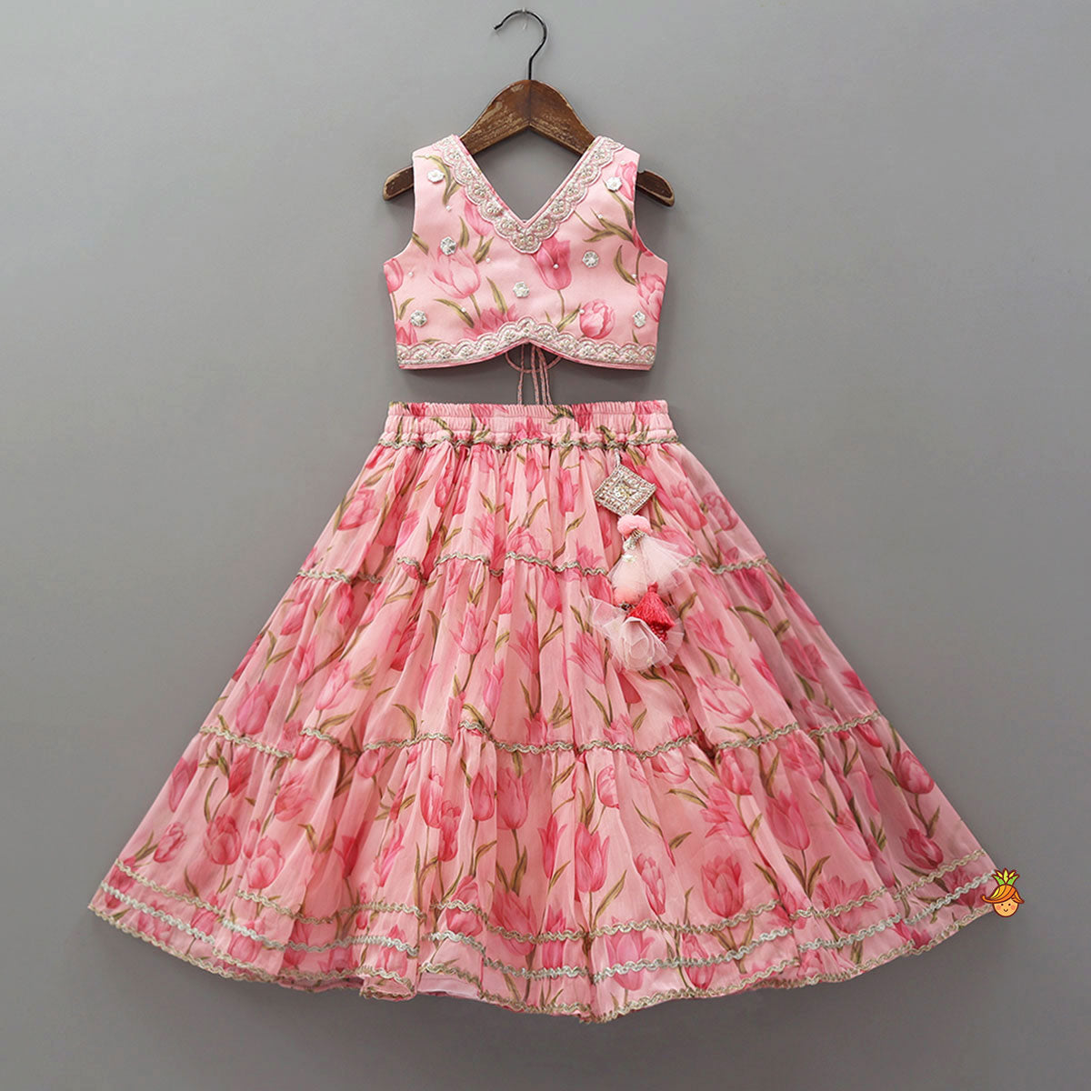 Pre Order: Floral Printed Crop Top And Lehenga With Matching Dupatta