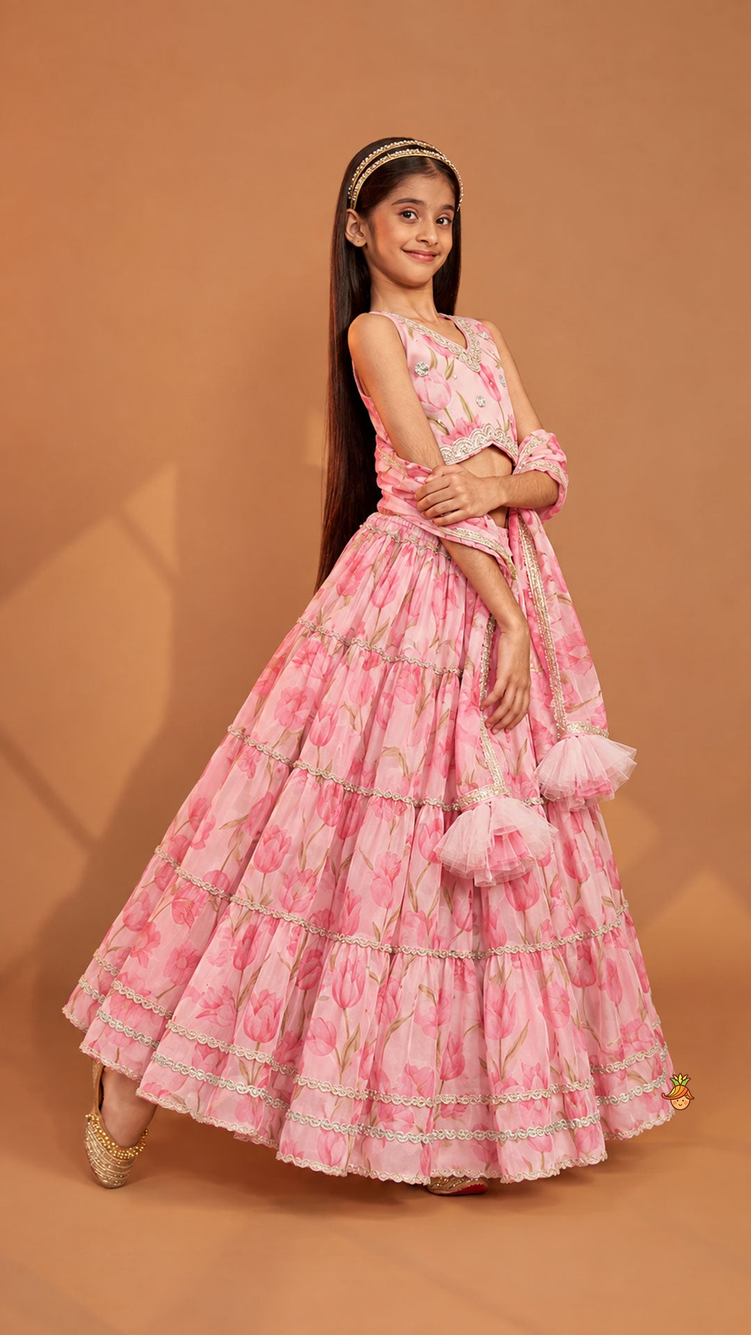 Pre Order: Floral Printed Crop Top And Lehenga With Matching Dupatta