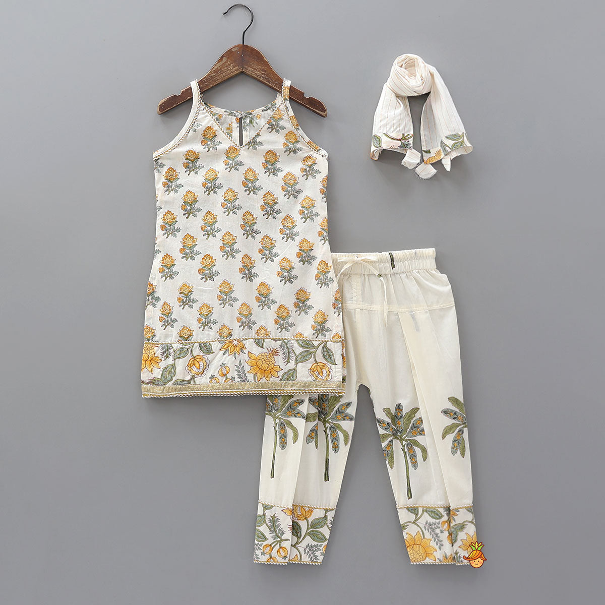Pre Order: Floral Printed Cotton Kurti And Pant With Lurex Striped Matching Dupatta