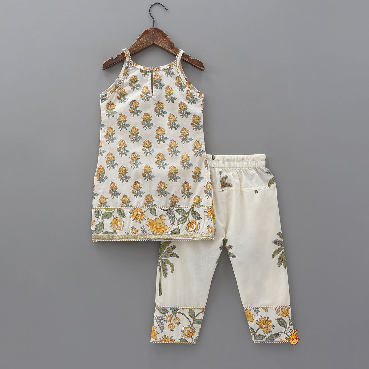Pre Order: Floral Printed Cotton Kurti And Pant With Lurex Striped Matching Dupatta
