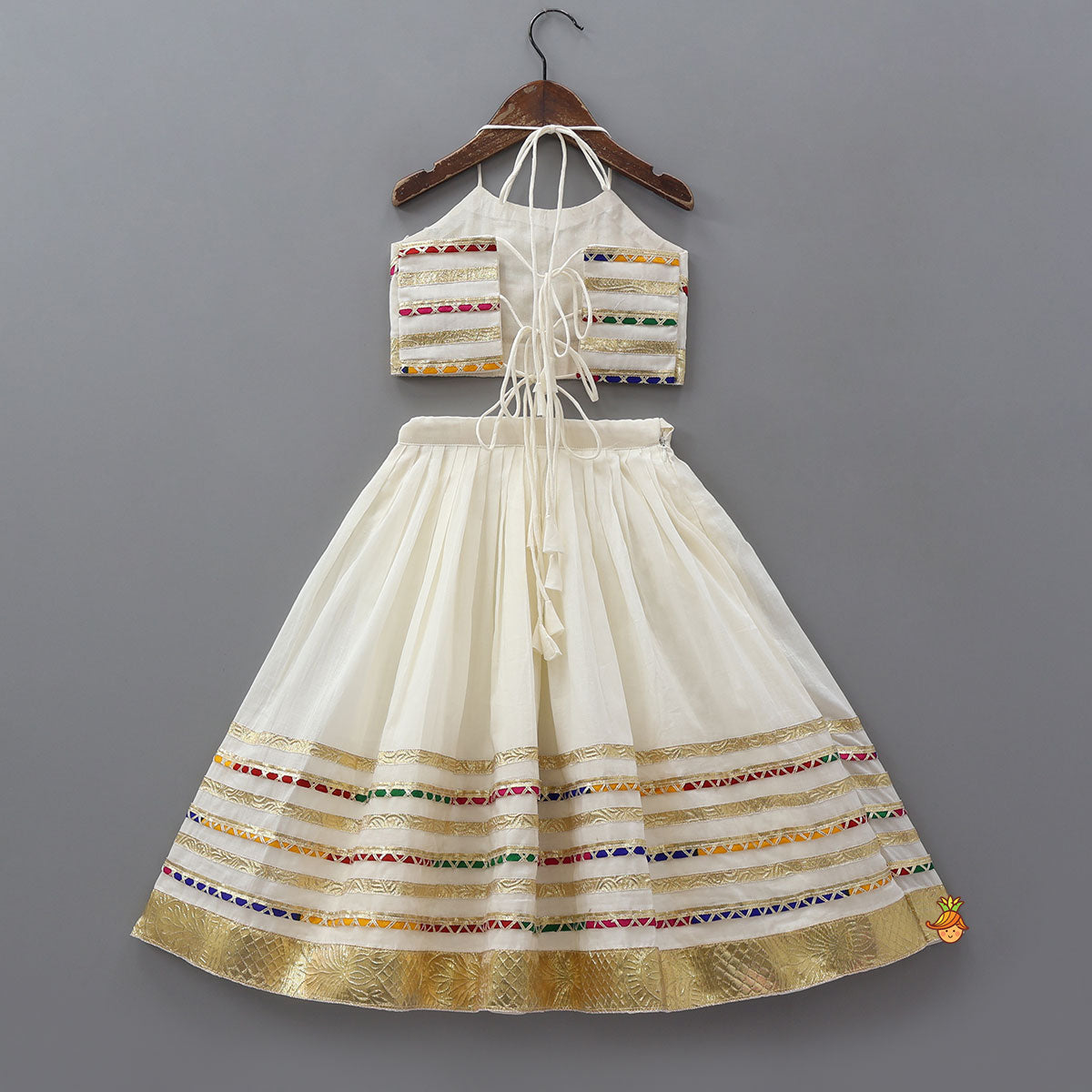 Pre Order: Contrasting Lace Work Halter Neck Crop Top And Lehenga With Leheriya Printed Dupatta