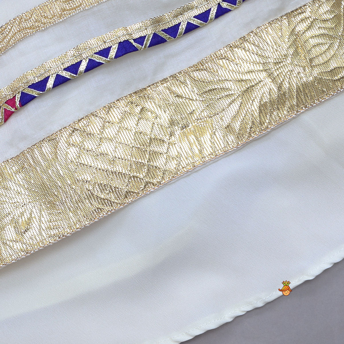 Pre Order: Contrasting Lace Work Halter Neck Crop Top And Lehenga With Leheriya Printed Dupatta