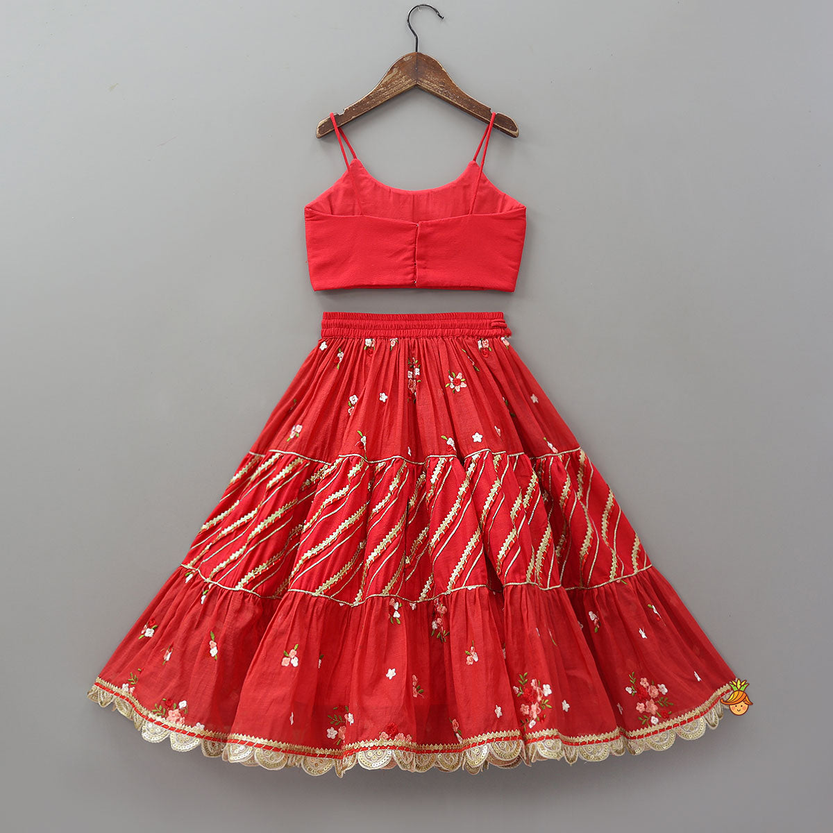Pre Order: Graceful Pleated Crop Top And Floral Tiered Lehenga With Dupatta