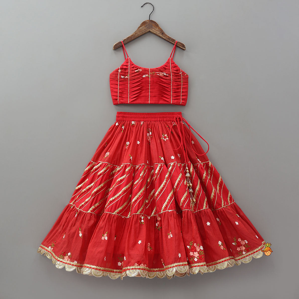 Pre Order: Graceful Pleated Crop Top And Floral Tiered Lehenga With Dupatta