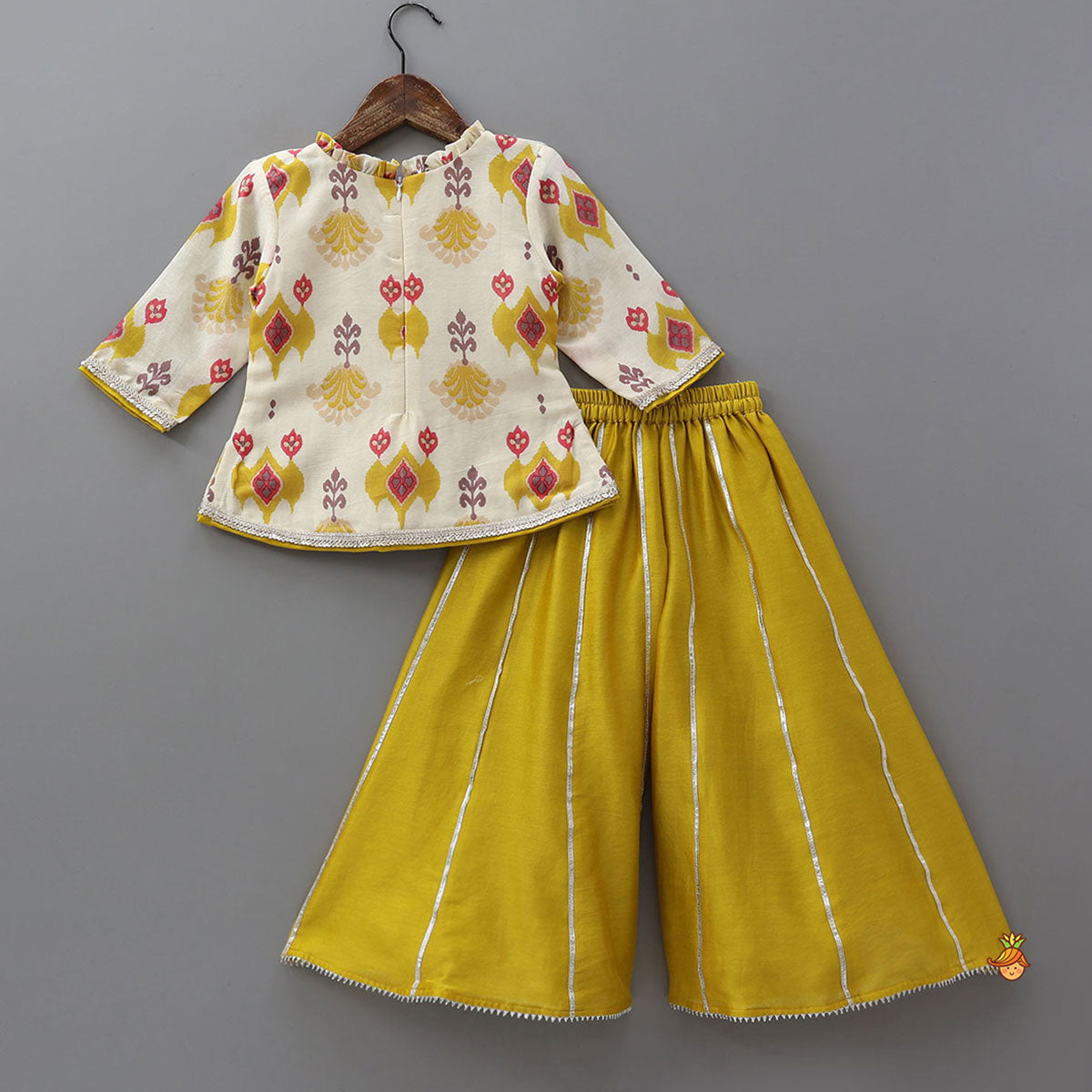 Pre Order: Ikat Inspired Kurti With Gota Detailed Flared Palazzo