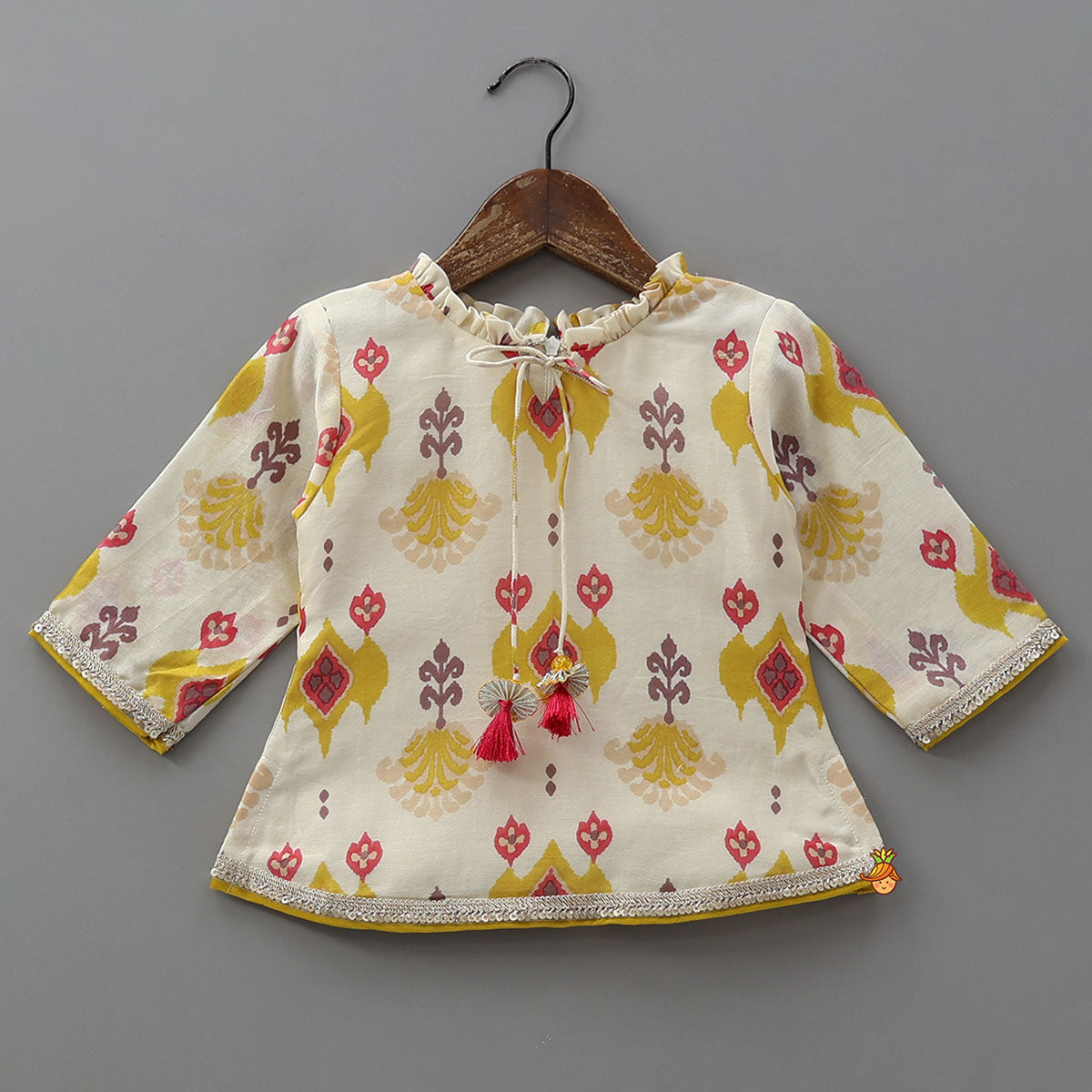 Pre Order: Ikat Inspired Kurti With Gota Detailed Flared Palazzo
