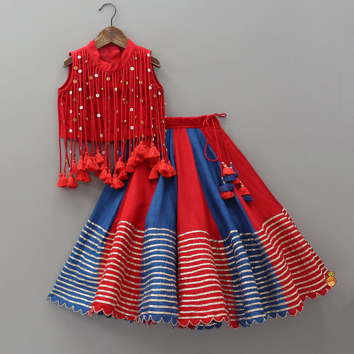 Pre Order: Elegant Multiple Hanging Tassel Detail Crop Top And Colourful Lehenga