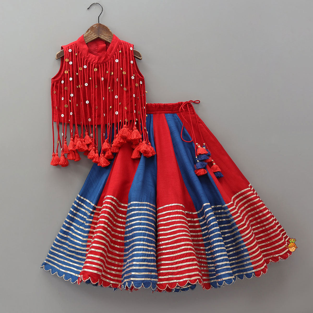 Pre Order: Elegant Multiple Hanging Tassel Detail Crop Top And Colourful Lehenga
