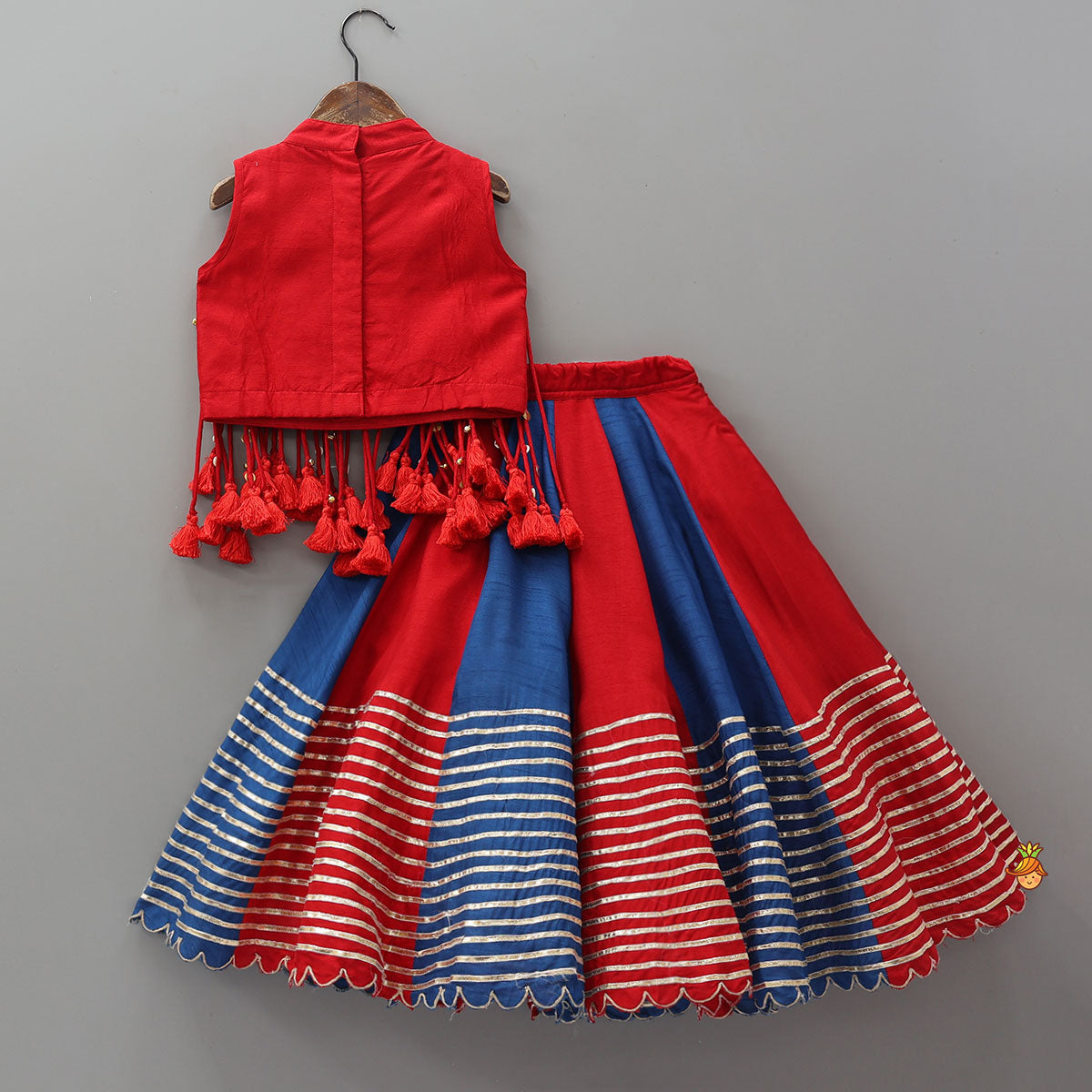 Pre Order: Elegant Multiple Hanging Tassel Detail Crop Top And Colourful Lehenga