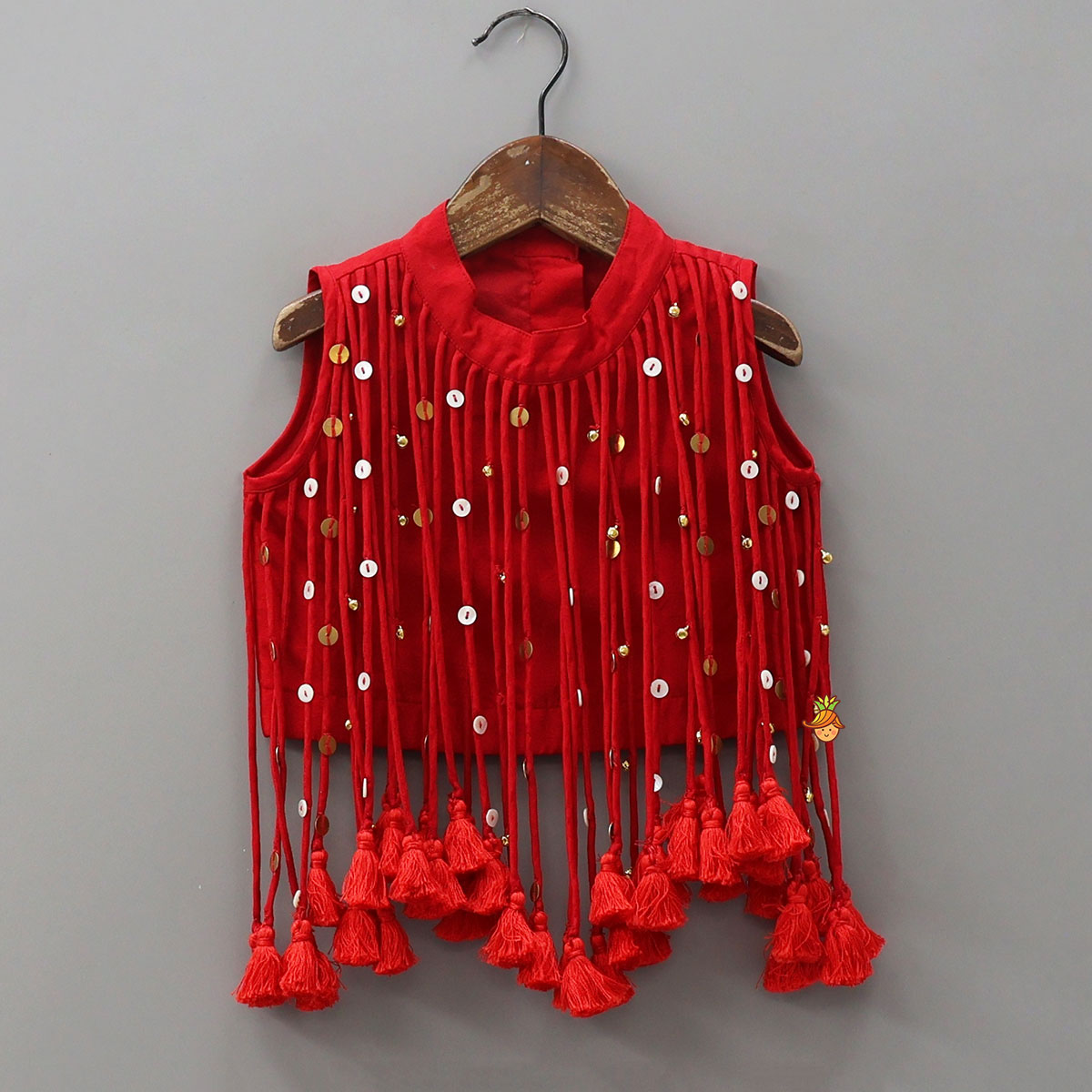 Pre Order: Elegant Multiple Hanging Tassel Detail Crop Top And Colourful Lehenga