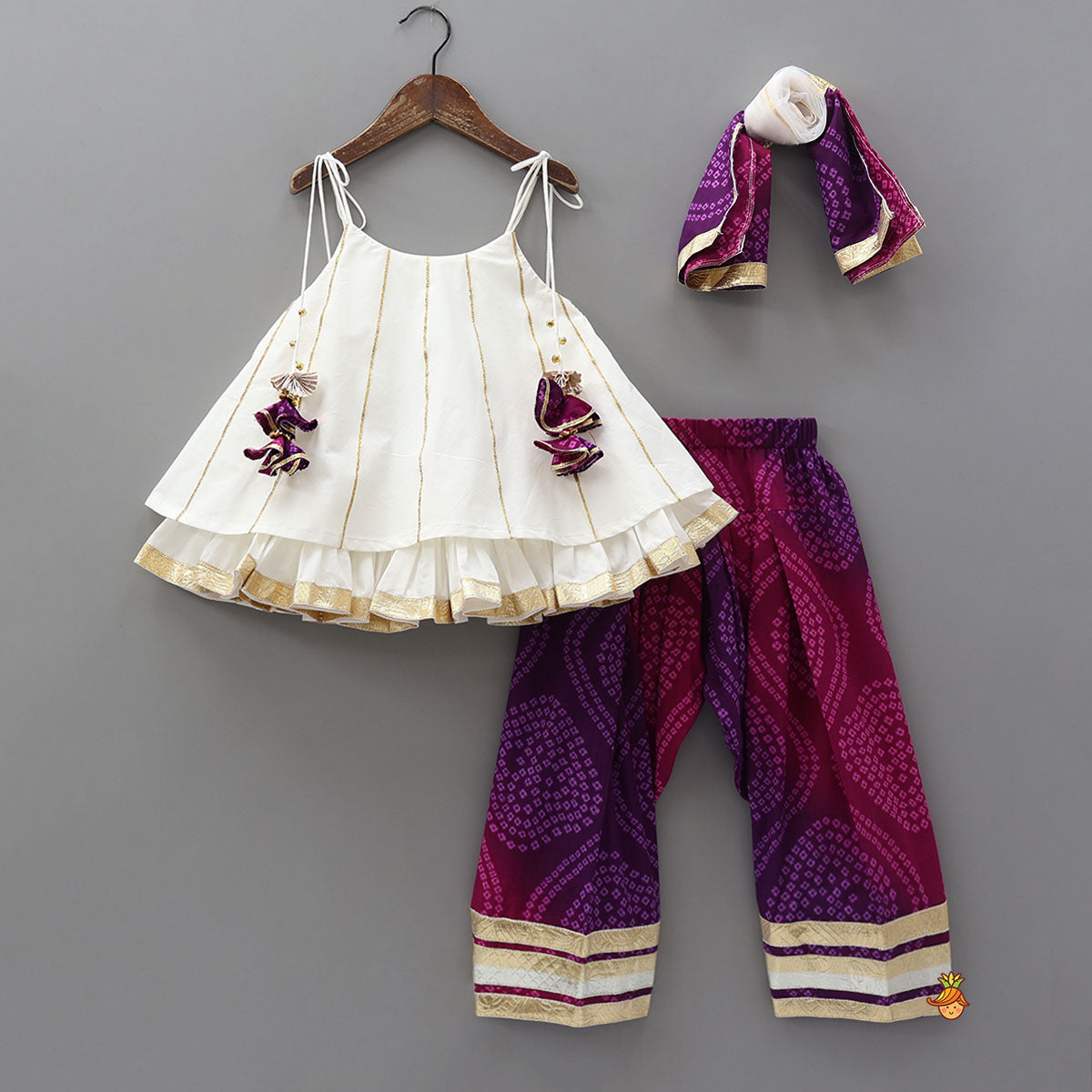 Pre Order: Layered Tie Up Top And Printed Pant With Matching Dupatta