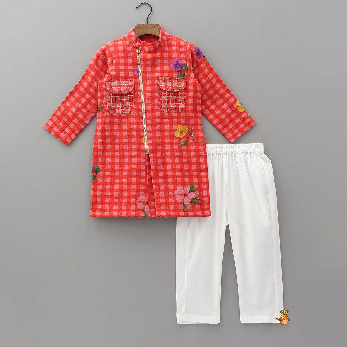 Pre Order: Floral Checkered Kurta And Pyjama
