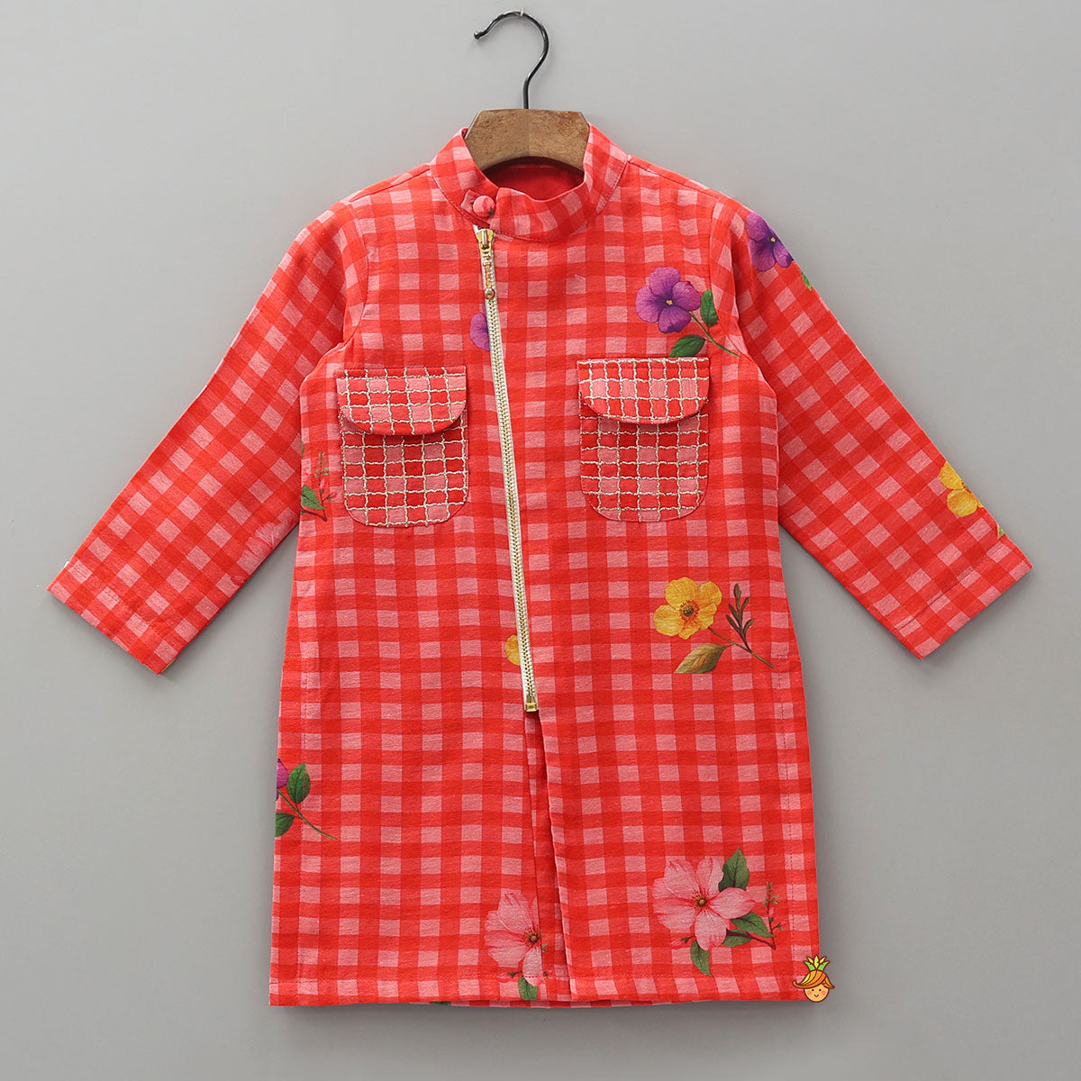 Pre Order: Floral Checkered Kurta And Pyjama