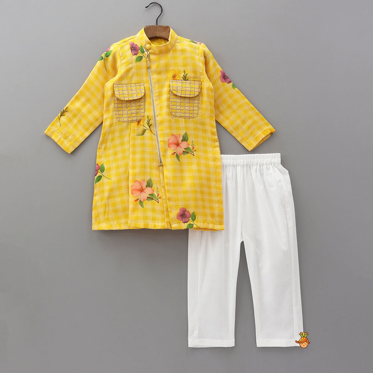 Pre Order: Floral Checkered Elegant Kurta And Pyjama