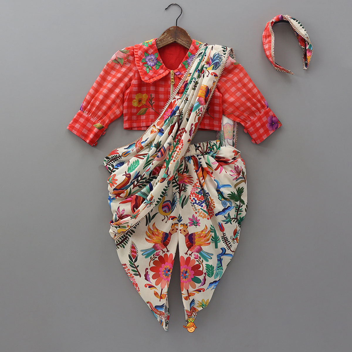 Pre Order: Floral Jacket Style Top And Dhoti With Dupatta And Hair Band