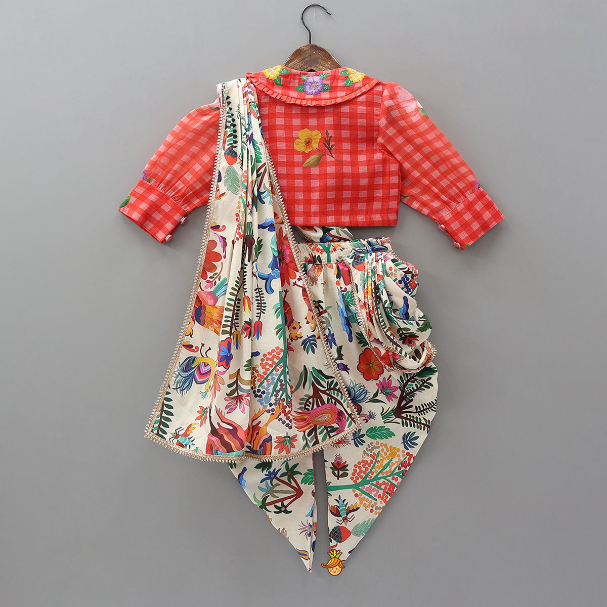 Pre Order: Floral Jacket Style Top And Dhoti With Dupatta And Hair Band