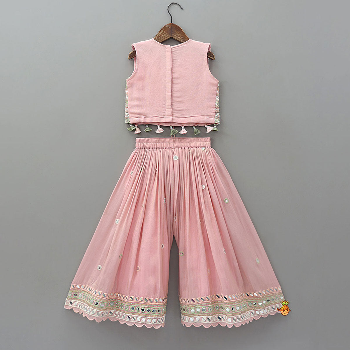 Pre Order: Faux Mirror Work Shimmery Crop Top And Matching Palazzo With Dupatta