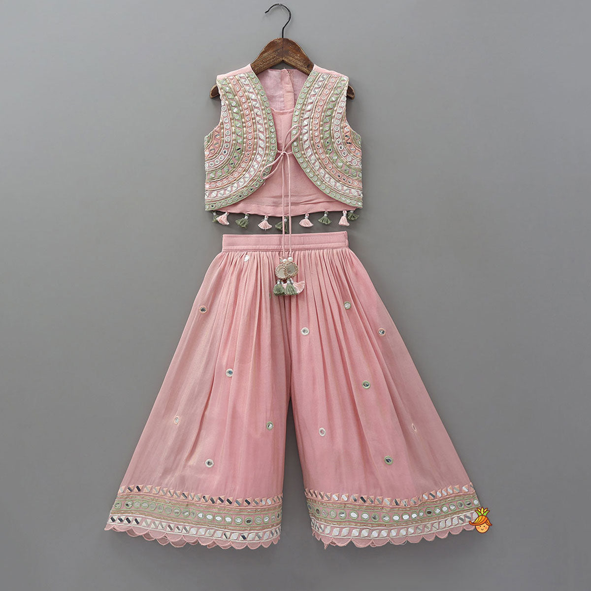 Pre Order: Faux Mirror Work Shimmery Crop Top And Matching Palazzo With Dupatta
