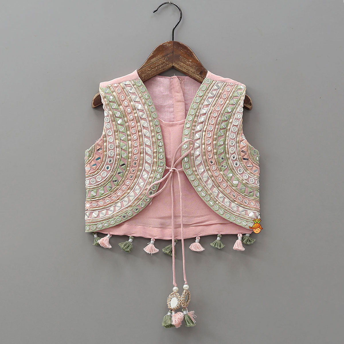 Pre Order: Faux Mirror Work Shimmery Crop Top And Matching Palazzo With Dupatta